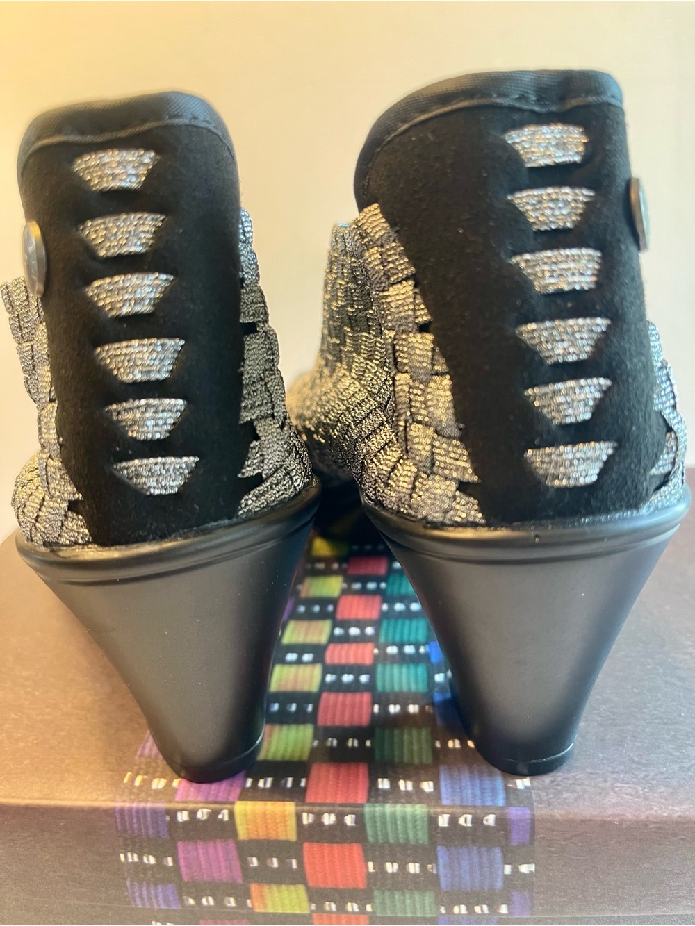 NIB BERNIE MEV CLAIRE STRETCH WOVEN SHOOTIE MEMORY FOAM BLOCK HEEL PEWTER SZ 9 - Picture 10 of 14